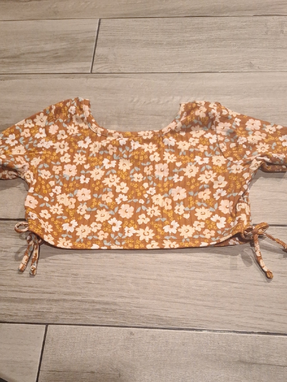 Kensie Girl Mustard Floral Crop Top with Side Ties